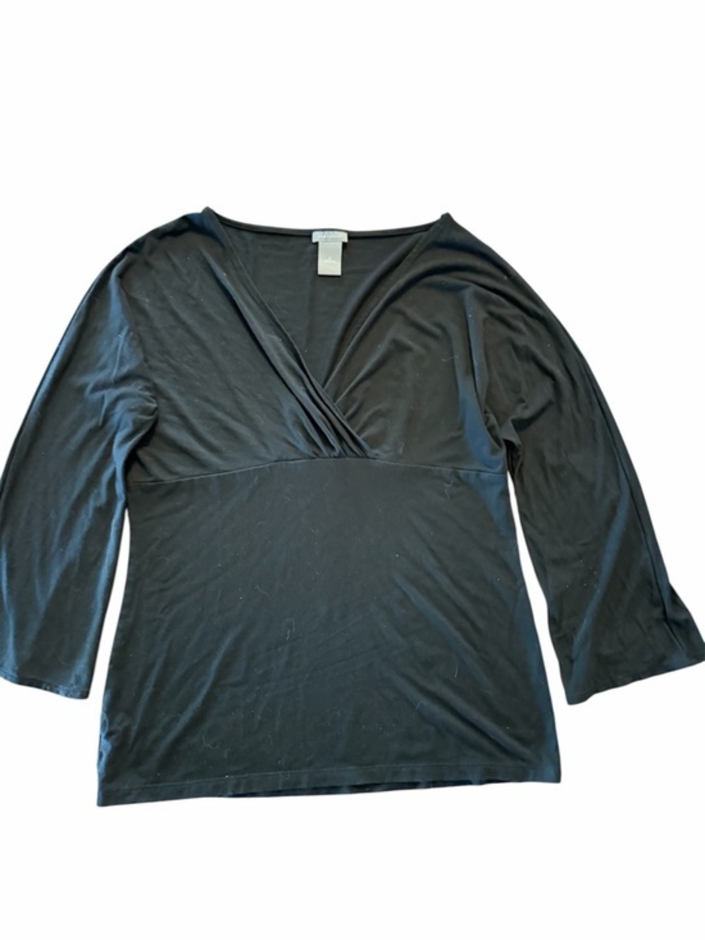 VINTAGE Ann Taylor Classic Jersey Knit Black Deep V-Neck Blouse Flared Sleeves